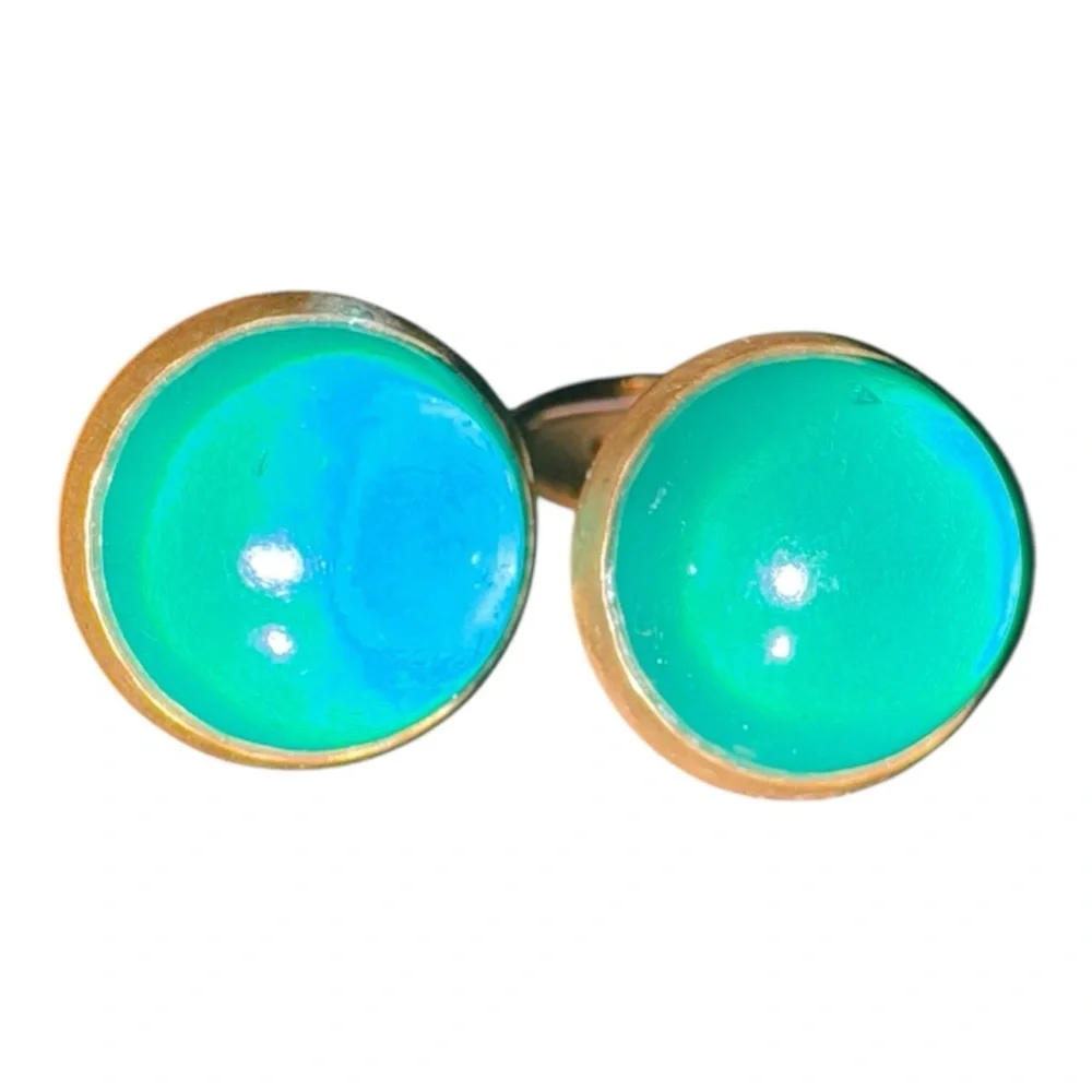 Vintage Green Glass Cabochon Cufflinks Gold Tone Retro Mid-Century Style J17